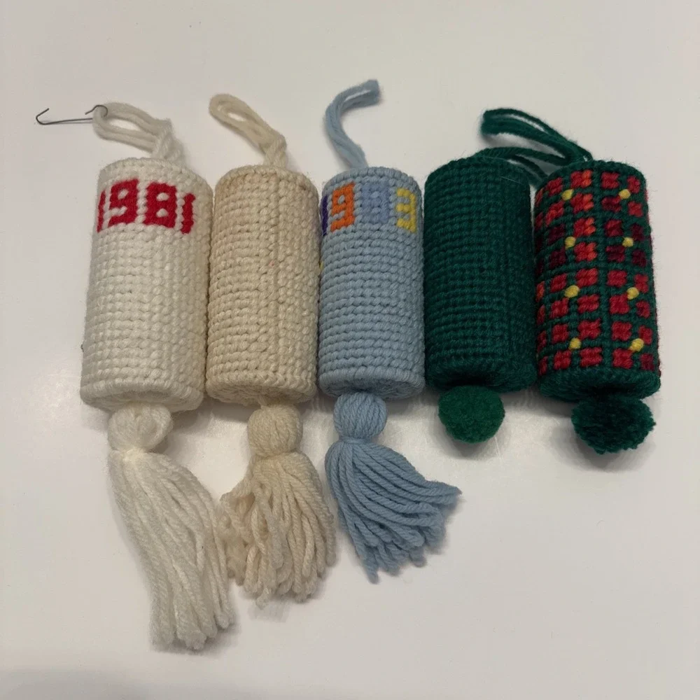 Vintage Handmade Needlepoint Christmas Ornament Lot. Very Unique, Bears, Rainbow